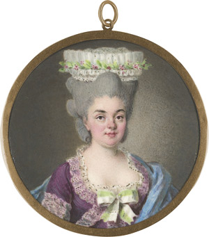 Los 6808 - Vassal, Nicolas Claude - Bildnis einer jungen Frau in lila Kleid besetzt mit weißen Spitzen und grün-weißer Schleife am Dekolleté, mit blauem Umhang, im Haar eine weiße Spitzenhaube geschmückt mit Blumen - 0 - thumb