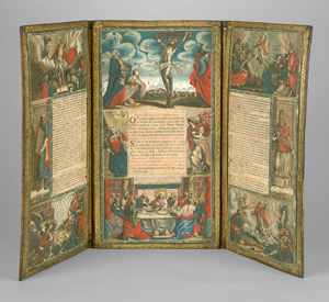 Lot 2685, Auction  121, Daret, Pierre, Reiseklappaltar - Kupferstich-Triptychon mit Typographie in Rot und Schwarz