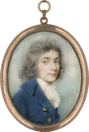 Lot 6485, Auction  122, Plimer, Andrew, Miniatur Portrait eines langhaarigen jungen Mannes in blauer Jacke; vor Himmmelhintergrund
