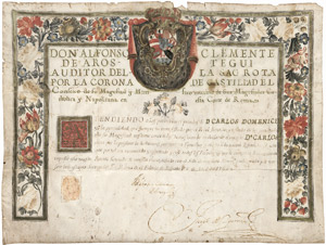 Lot 2632, Auction  101, Arostegui, Alfonso Clemente de, Reich geschmückte Pergament-Urkunde 1748