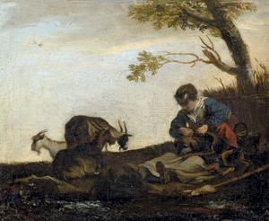 Lot 6048, Auction  101, Niederländisch, Landschaft mit Ziegenhirtin beim Lausen ihres Hundes