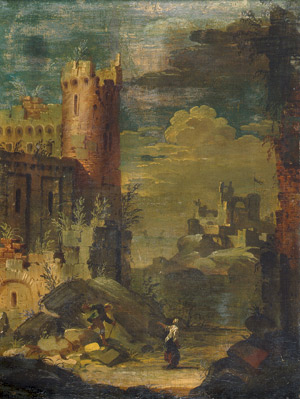 Lot 6064, Auction  101, Italienisch, Ruinencapriccio mit antikem Grabmal, Ruinencapriccio mit Turm
