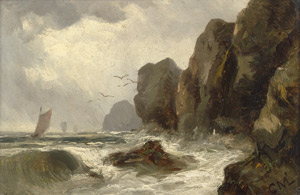 Lot 6135, Auction  101, Deutsch, Um 1840. Meeresbrandung und Boote bei einer Felsenküste