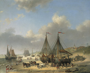 Lot 6138, Auction  101, Schelfhout, Andreas, Fischer bei ihren Booten am Strand