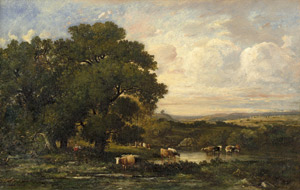 Lot 6155, Auction  101, Dupré, Léon-Victor, Landschaft im Limousin mit Hirten und ihrer Herde bei einem Teich am Waldrand