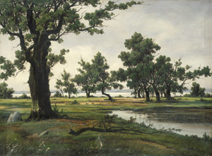 Lot 6186, Auction  101, Deutsch, um 1870. Weite sommerliche Landschaft am Wasser