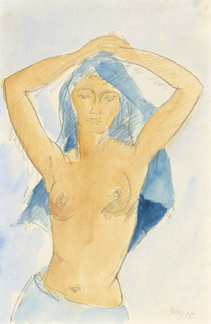 Lot 7248, Auction  101, Maetzel-Johannsen, Dorothea, Weiblicher Halbakt mit blauem Kopftuch und erhobenen Armen