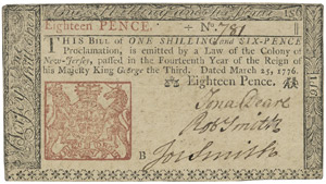 Lot 726, Auction  102, Eighteen Pence, Amerikanischer Notenschein aus New-Jersey. Isaac Collins, 1776