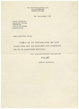 Lot 2423, Auction  102, Einstein, Albert, Brief 1950