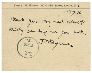 Lot 2436, Auction  102, Keynes, John Maynard, Postkarte + Beigabe