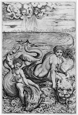 Lot 5092, Auction  102, Dente, Marco, Venus und Amor, auf einem Seeungeheuer reitend
