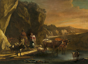 Lot 6027, Auction  102, Berchem, Nicolaes - Umkreis, Pastorale Landschaft mit Reiter und einer Hirten im Gespräch