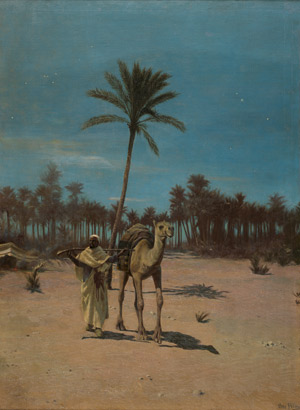 Lot 6132, Auction  102, Pilny, Otto, Wüstenlandschaft mit Beduine und seinem Kamel in einer Mond beschienen Nacht
