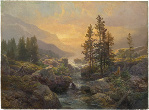 Lot 6160, Auction  102, Mühlig, Bernhard, Gebirgslandschaft mit kleinem Bach bei Sonnenuntergang
