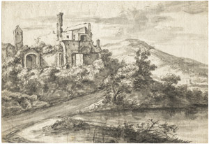 Lot 6241, Auction  102, Asselijn, Jan, Flußlandschaft mit Ruinen am linken Uferrand