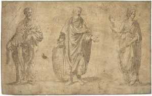 Lot 6267, Auction  102, Italienisch, 17. Jh. Drei stehende Figuren mit einer Schriftrolle, Schild und Maske