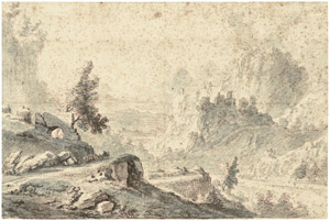 Lot 6282, Auction  102, Niederländisch, 17. Jh. Gebirgslandschaft mit Ruine auf einem Felsen