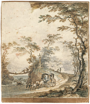 Lot 6330, Auction  102, Französisch, 18. Jh. Kutsche auf einem Waldweg bei einem Bach