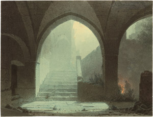 Lot 6407, Auction  102, Deutsch, um 1840. Blick aus einem Kreuzgratgewölbe auf das Portal einer Kirche