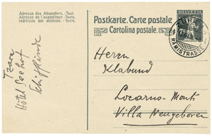 Lot 2636, Auction  103, Tzara, Tristan, Postkarte 1918 an Klabund