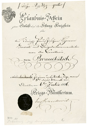 Lot 2751, Auction  103, Zezschwitz, Johann Adolph von, Passierschein zur Festung Königstein