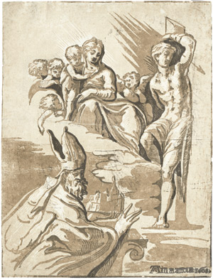 Lot 5258, Auction  103, Vicentino, Giuseppe Niccolò, Die Madonna mit dem Kind, dem hl. Sebastian und einem Bischof