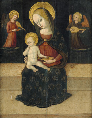 Lot 6000, Auction  103, Norditalienisch, um 1460/70. Madonna mit dem Jesuskind, umrahmt von zwei musizierenden Engeln