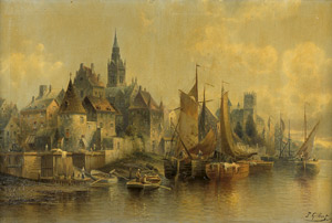 Lot 6119, Auction  103, Kaufmann, Karl, Flusslandschaft mit einer mittelalterlichen Stadt