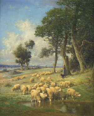 Lot 6128, Auction  103, Clair, Charles, Schäferin mit Ihrer Herde bei einem Teich am Waldrand