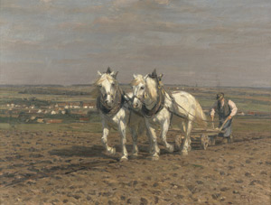 Lot 6151, Auction  103, Eckenfelder, Friedrich, Pflügender Bauer mit Schimmelgespann in weiter Landschaft