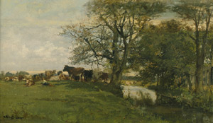 Lot 6176, Auction  103, Stuhlmüller, Karl, Sommerlicher Bachlauf bei einem Wäldchen mit einem jungen Hirten und seiner Herde