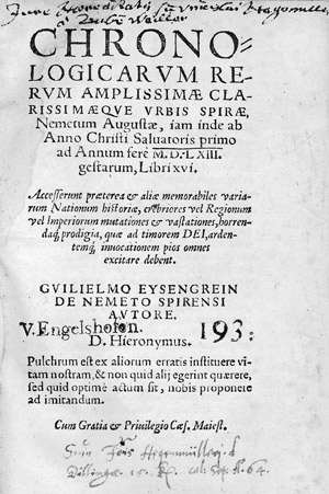 Lot 1044, Auction  104, Eisengrein, Wilhelm, Chronologicarum rerum ... urbis Spirae libri XVI