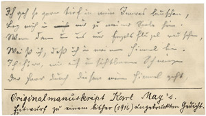 Lot 1858, Auction  104, May, Karl, Fragment eines eigenhändigen Gedichtmanuskripts