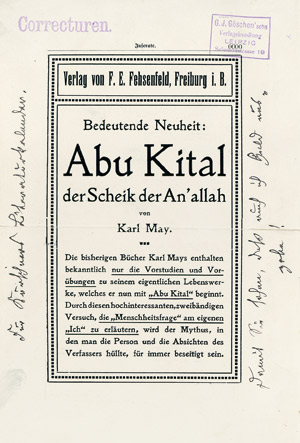 Lot 1863, Auction  104, May, Karl, Abu Kital. Verlagsanzeige. Mit Autograph