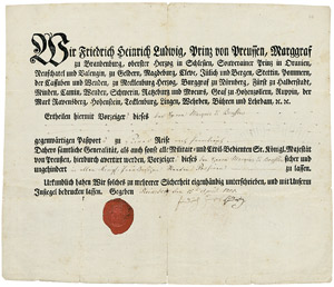 Lot 2749, Auction  104, Heinrich, Prinz von Preußen, Signierter Reisepaß für den Marquis de Bouflers