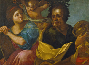 Lot 6009, Auction  104, Italienisch, 17. Jh. Allegorische Darstellung mit einer Sibylle und einem Astrologen, von einem Putto mit Lorbeer begränzt
