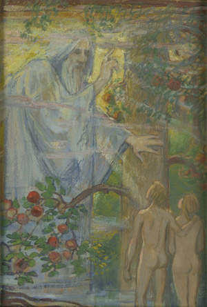 Lot 6198, Auction  104, Hofmann, Ludwig von, Gottvater warnt Adam und Eva mit erhobenem Finger vor dem Sündenfall (Apfelessen) im Paradies