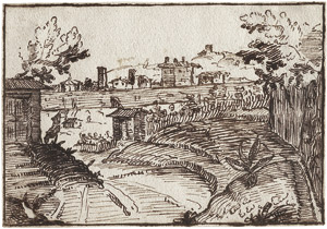 Lot 6227, Auction  104, Florentinisch, 17. Jh. . Landschaft mit Stadtsilhouette