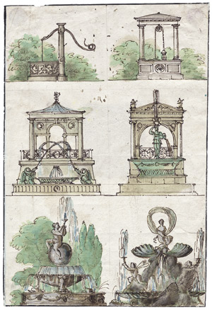 Lot 6308, Auction  104, Französisch, 18. Jh. Studienblatt mit Entwürfen zu Brunnen
