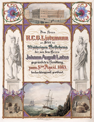 Lot 336, Auction  105, Lutze-Kolonialwarenhandlung, 3 Jubiläumsurkunden in Gold und Farben 1863-1913