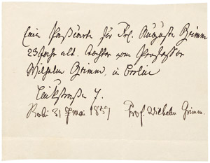 Lot 2320, Auction  105, Grimm, Wilhelm, Signierter Passierschein 1859