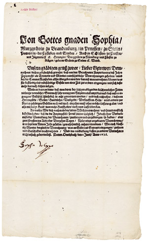 Lot 2362, Auction  105, Sophia Margaretha, Markgräfin zu Brandenburg-Ansbach, Signierte Bekanntmachung 1638
