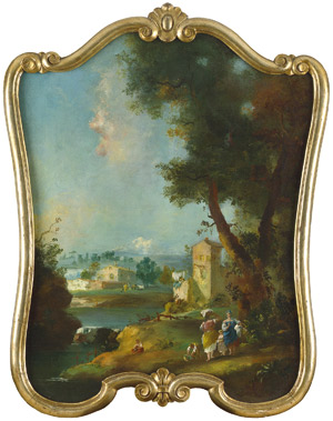 Lot 6029, Auction  105, Venezianisch, 18. Jh. Zwei Landschaftscapriccios mit Flusslandschaften und Figurenstaffage