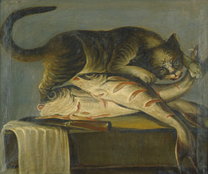Lot 6045, Auction  105, Deutsch, 18. Jh. Katze mit Fischen auf einem Küchentisch