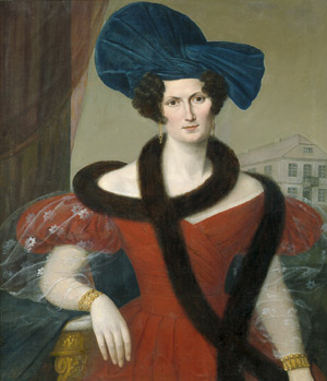 Lot 6111, Auction  105, Deutsch, um 1850. Bildnis einer Dame mit blauem Samthut