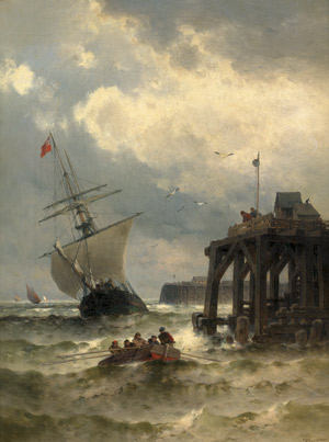 Lot 6117, Auction  105, Weber, Theodor Alexander, Schiffe und Boote in stürmischer See bei einem Anleger