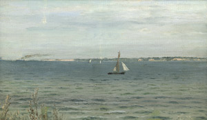 Lot 6176, Auction  105, Eckardt, Christian Frederik Emil, Kleines Segelboot in einer Fjordlandschaft