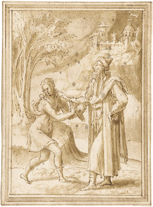 Lot 6250, Auction  105, Fontana, Prospero, Begegnung eines Jünglings mit einem Greis vor einer Burg