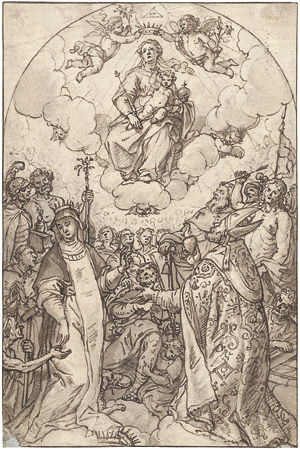 Lot 6278, Auction  105, Oberitalienisch, 17. Jh. Der Hl. Augustinus und eine Heilige in Anbetung der auf Wolken thronenden Mutter Gottes