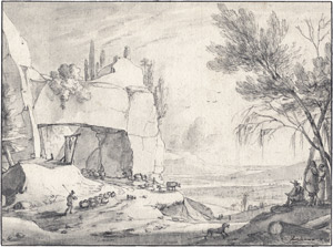 Lot 6282, Auction  105, Roghman, Roelant, Landschaft mit Felsentor, im Vordergrund ein Zeichner